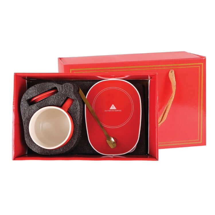 Ceramic Mug Warmer Set in a red box featuring a ceramic mug, warmer, and spoon, perfect corporate gift.