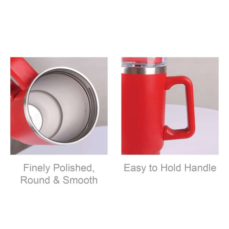 900ml Thermal Flask With Straw and Handle showcasing a finely polished interior and easy to hold red handle.