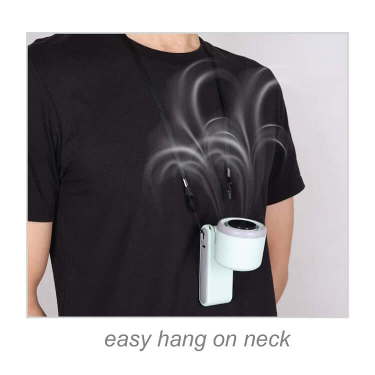 Portable Rechargeable Fan hanging on neck for easy carrying and cooling on the go.