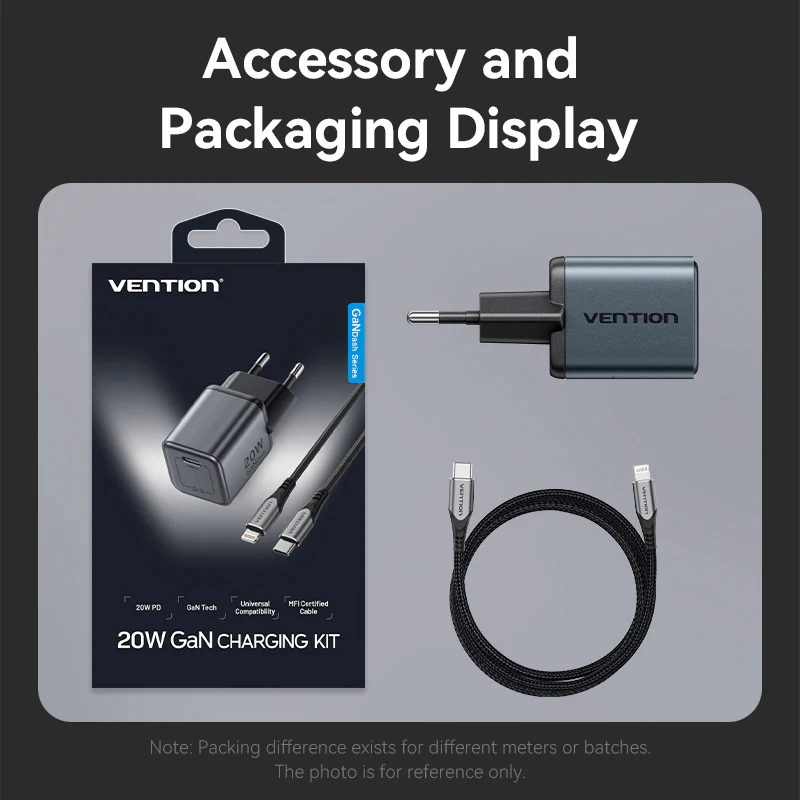 Vention 1-Port USB-C GaN Charger (20W) with USB-C to Lightning Cable (1M) accessory and packaging display