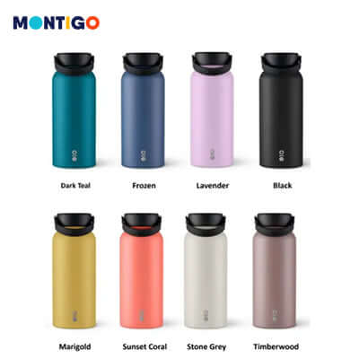Montigo Ace Bottle Mega in various colors including Dark Teal, Frozen, Lavender, Black, Marigold, Sunset Coral, Stone Grey, Timberwood.