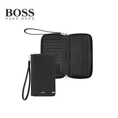 Hugo Boss Travel Wallet Iconic Black featuring textured leather, 8 card slots, and luxury chrome BOSS signature.