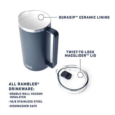 Yeti Rambler® 64 oz Pitcher with Twist-To-Lock Pitcher Lid showcasing DuraSip™ ceramic lining and splash-resistant lid.