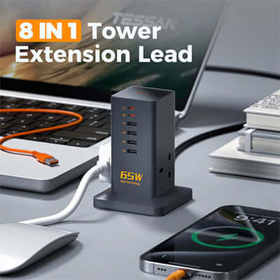TESSAN 65W GaN Extension Tower with USB C Charging Station on a desk with devices charging