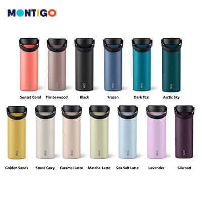 Montigi Ace Bottle Medium in various colors including Sunset Coral, Timberwood, Black, and more.