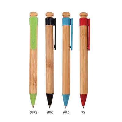Bamboo Pen with Plastic Tip in four color options: green, black, blue, and red, ideal for corporate gifts.