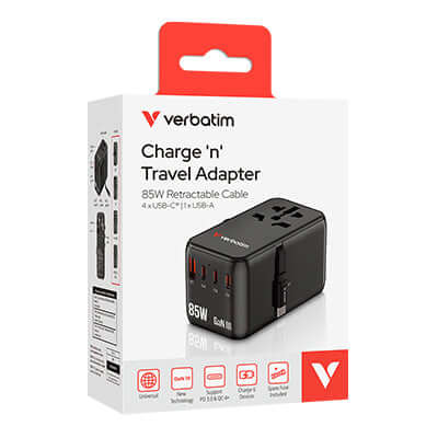 Verbatim Charge ‘n’ Travel Adapter 5 Port 85W Retractable Cable (CNT-02) packaging with multiple charging ports.
