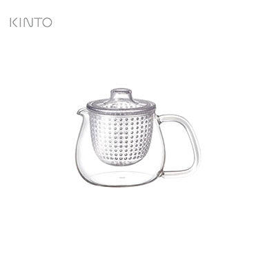 Kinto Unitea Teapot 450ML featuring a heat-resistant glass design, perfect for serving blooming tea.