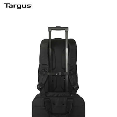 Targus 15-16" Work+™ EcoSmart® Backpack showing the back view and retractable handle.