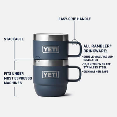 Yeti Rambler® 6 oz Stackable Mugs showcasing stackable design, easy-grip handle, and compatibility with espresso machines.