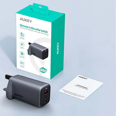 Aukey PA-B6U Omnia II Mix 67W UFCS 3-Port Wall Charger with packaging and manual displayed.