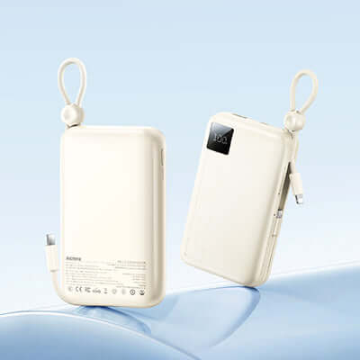 Remax FC-13 Dual Cable Powerbank with Lanyard 10000mAh, portable charger with integrated cables and LED display.