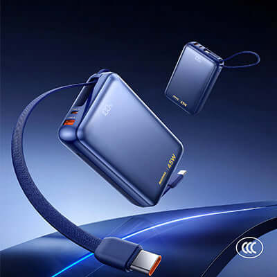 Remax 45W Fast Charging Powerbank with Dual Cables showcasing lightweight design and dual charging capabilities.