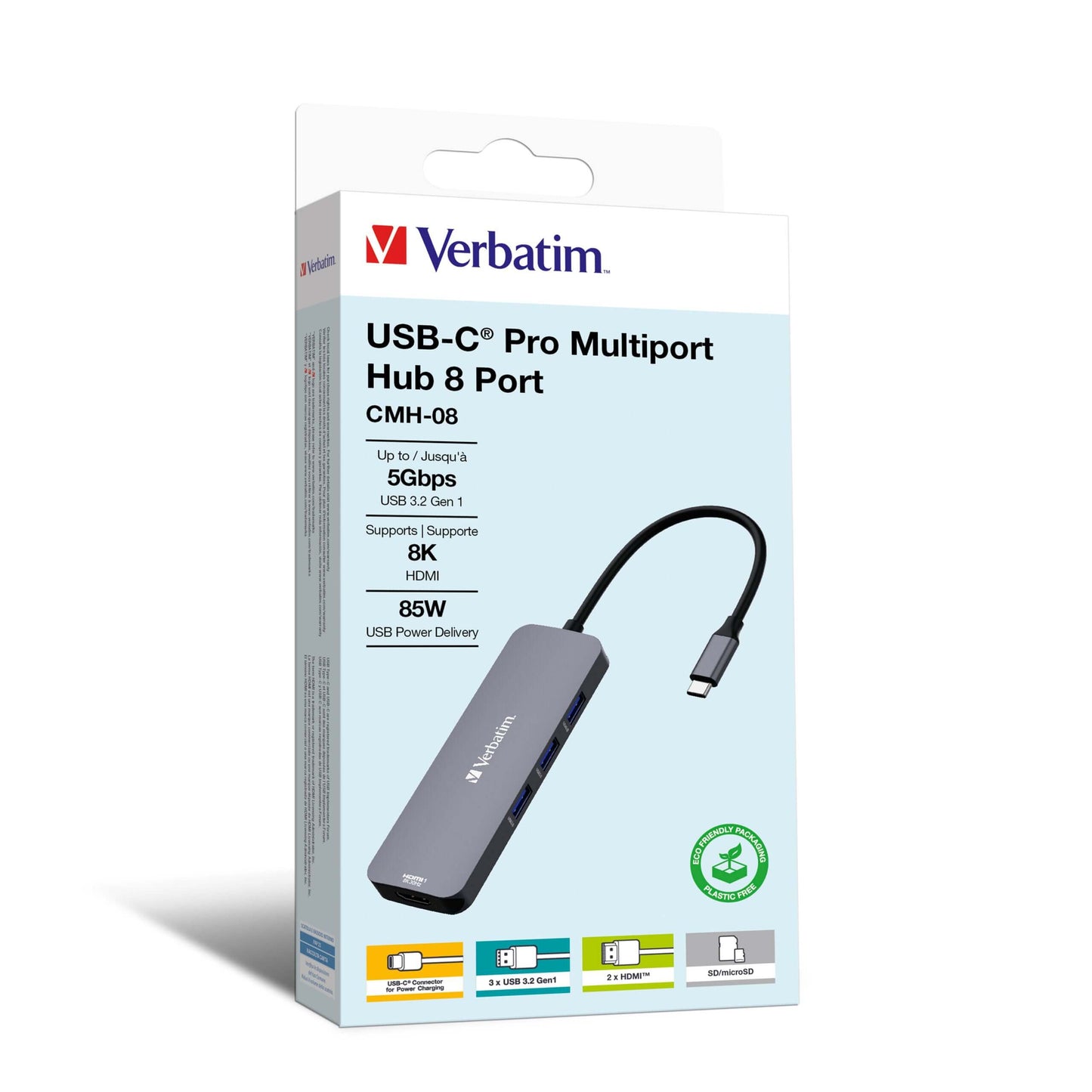Verbatim USB-C Pro Multiport Hub 8 Port (CMH-08) packaging with multiple connection options and HDMI support.