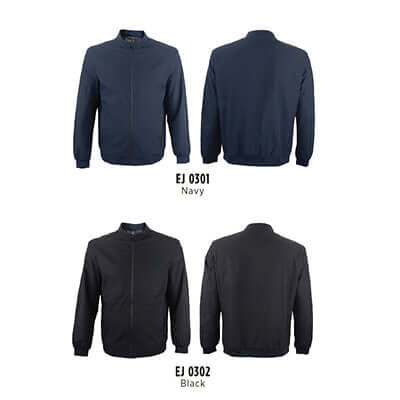 Polyester Bomber Jacket Unisex Full-Zip in Navy and Black colors, showcasing front and back views for versatile styling.