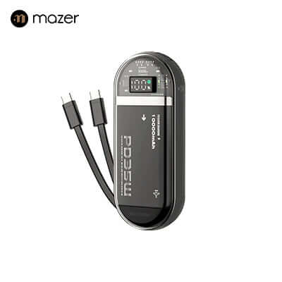 Mazer PowerCharge Link 1035 10,000mAh PD35W Power Bank with dual USB-C cables and battery indicator.