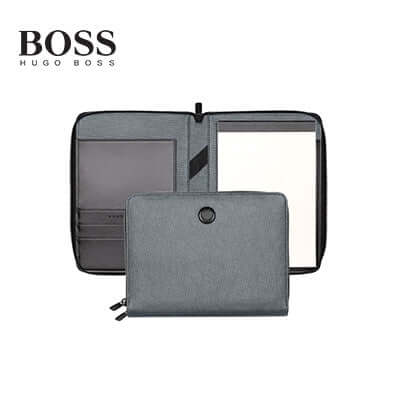 Hugo Boss Conference Folder A5 Gleam opened with dark grey grained texture, a stylish corporate gift for professionals.