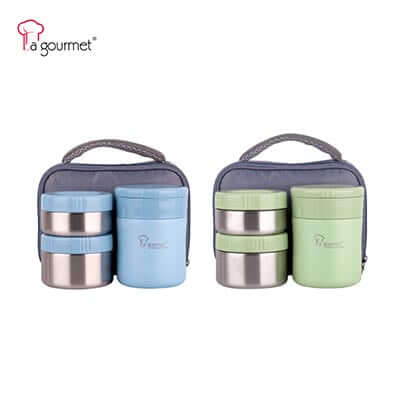 La Gourmet Spring Lunch Box Set featuring stylish containers in blue and green with a convenient carry case.