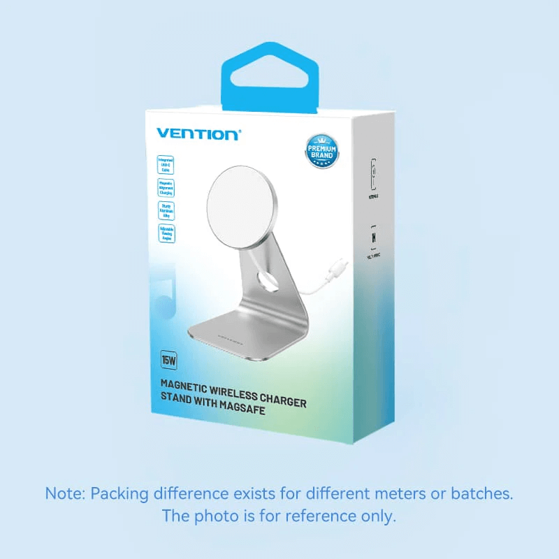 Vention 15W Magnetic Wireless Charger Stand with MagSafe packaging box on a light blue background.