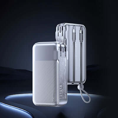 Remax CP-15 Powerbank with Wall Plug 20000mAh in sleek Starlight Silver finish, featuring dual wires and portable design.