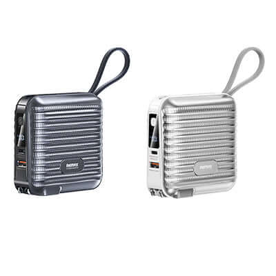 Remax RPP-75 Powerbank with Wall Plug 15000mAh in black and white, ideal corporate gift for versatile charging.