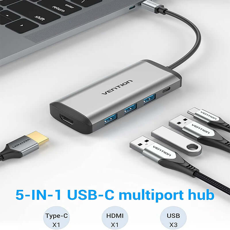 Vention 5-in-1 USB-C Docking Station with multiple ports for versatile connectivity and fast data transfer.