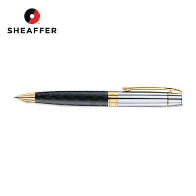Sheaffer Engraved Black Ballpoint Pen with Chrome Cap and Gold Trims on a white background