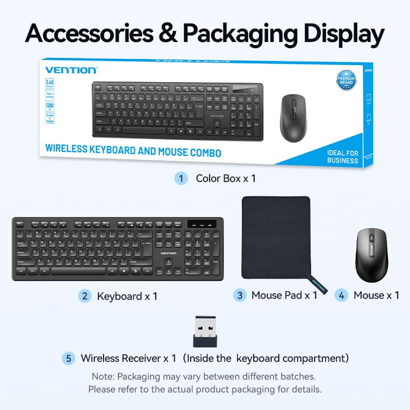 Vention Wireless Full-Sized Keyboard and Mouse Combo with Mouse Pad accessories and packaging display overview