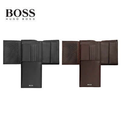 Hugo Boss Money Wallet Vertical Flap Classic Smooth in black and brown leather, showcasing sleek design and card slots.