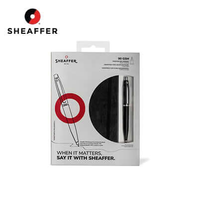 Sheaffer® Ballpoint Pen and Medium Notebook Black Hangsell Giftset packaging with sleek design.