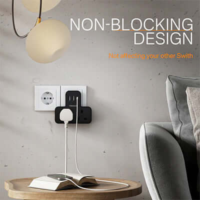 TESSAN Multi Plug Extension Wall Adapter with USB C showcasing non-blocking design for easy access.