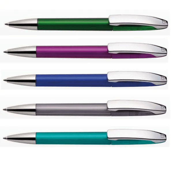 Maxema Ball Pen VIEW V1 - 30 CR in green, purple, blue, grey, and turquoise, ideal for corporate gifts.