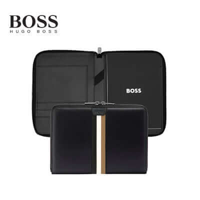 Hugo Boss Conference Folder A5 Iconic Black, stylish black PU folder with logo, ideal corporate gift.