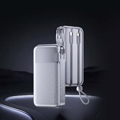 Remax CP-13 Powerbank with Wall Plug 10000mAh in sleek design with built-in charging cables.