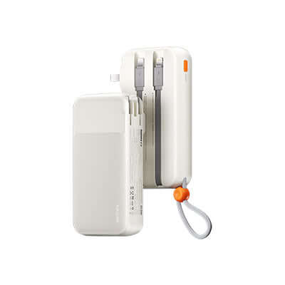 Remax RPP-E5 Powerbank with Wall Plug 10000mAh, compact design with built-in cables for fast charging.