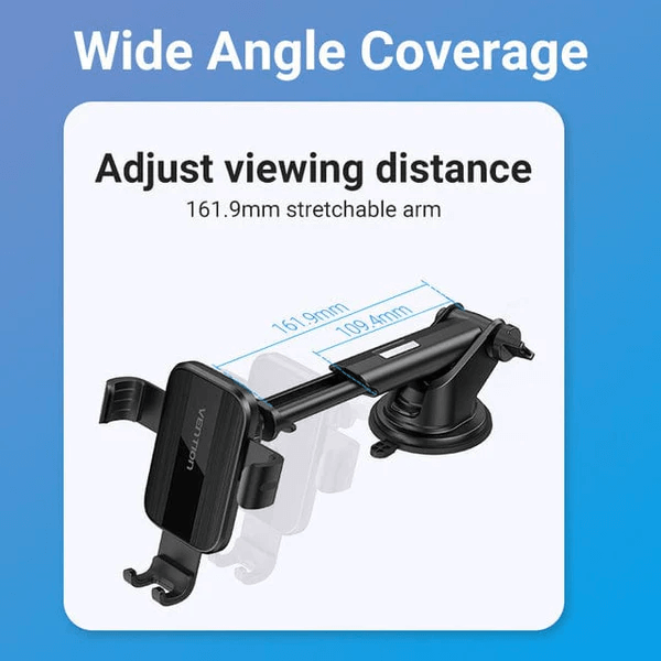 Vention Car Phone Mount with Triangular Point Fixation showing wide angle coverage and adjustable stretchable arm