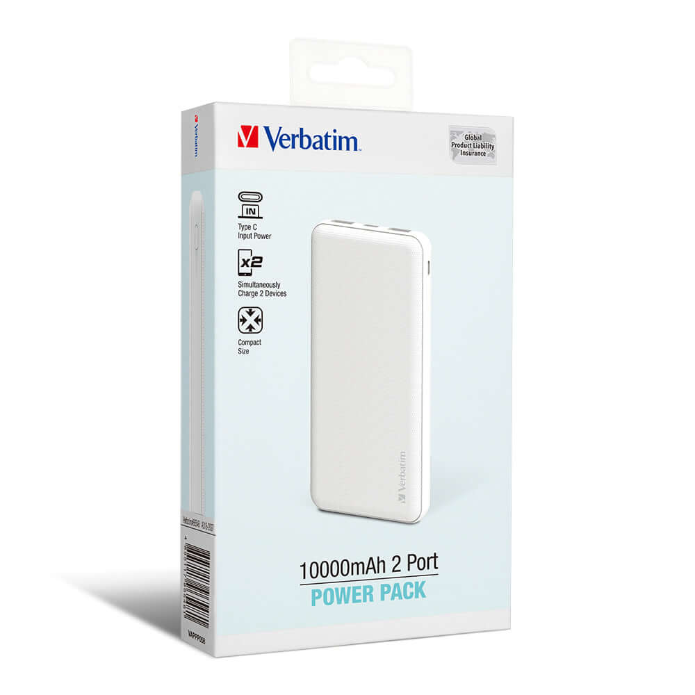 Verbatim 10000mAh 2 Port Power Pack in white packaging, ideal for charging two devices simultaneously.