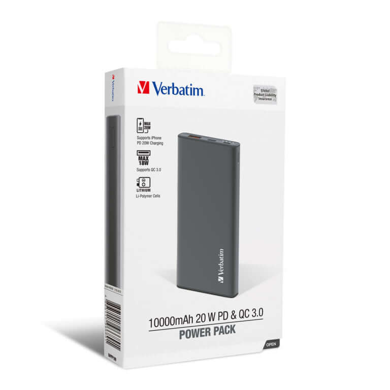 Verbatim 10000mAh 20W PD & QC 3.0 Power Pack packaging showcasing sleek design and features.