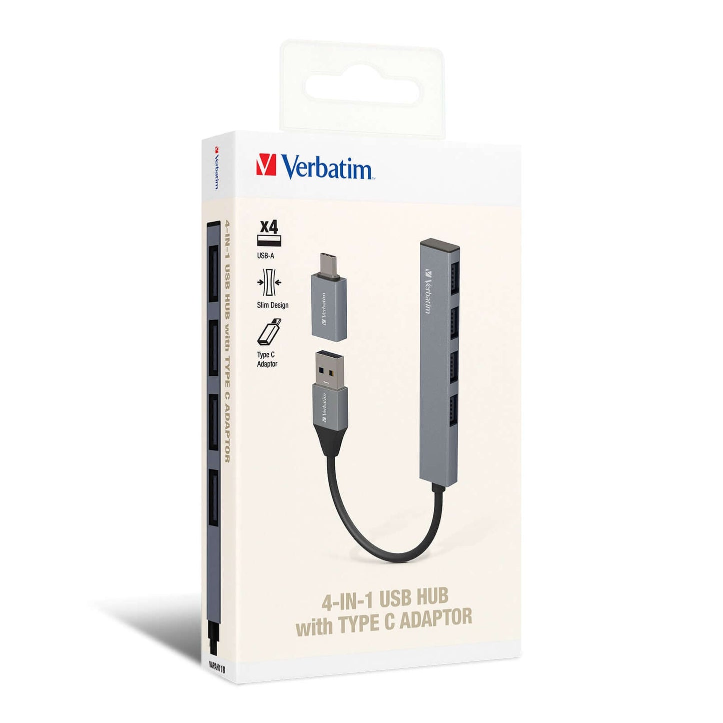 Verbatim 4-in-1 USB Hub with Type C Adaptor 66753 packaging, featuring four USB-A ports and a Type C adaptor.