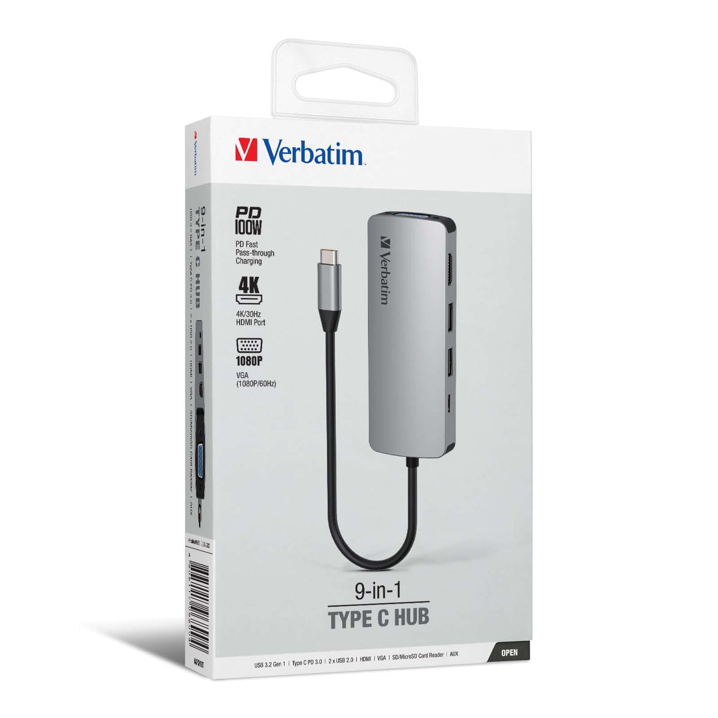 Verbatim 9-in-1 Type C Hub 66899 packaging showcasing versatile connectivity options and sleek design.