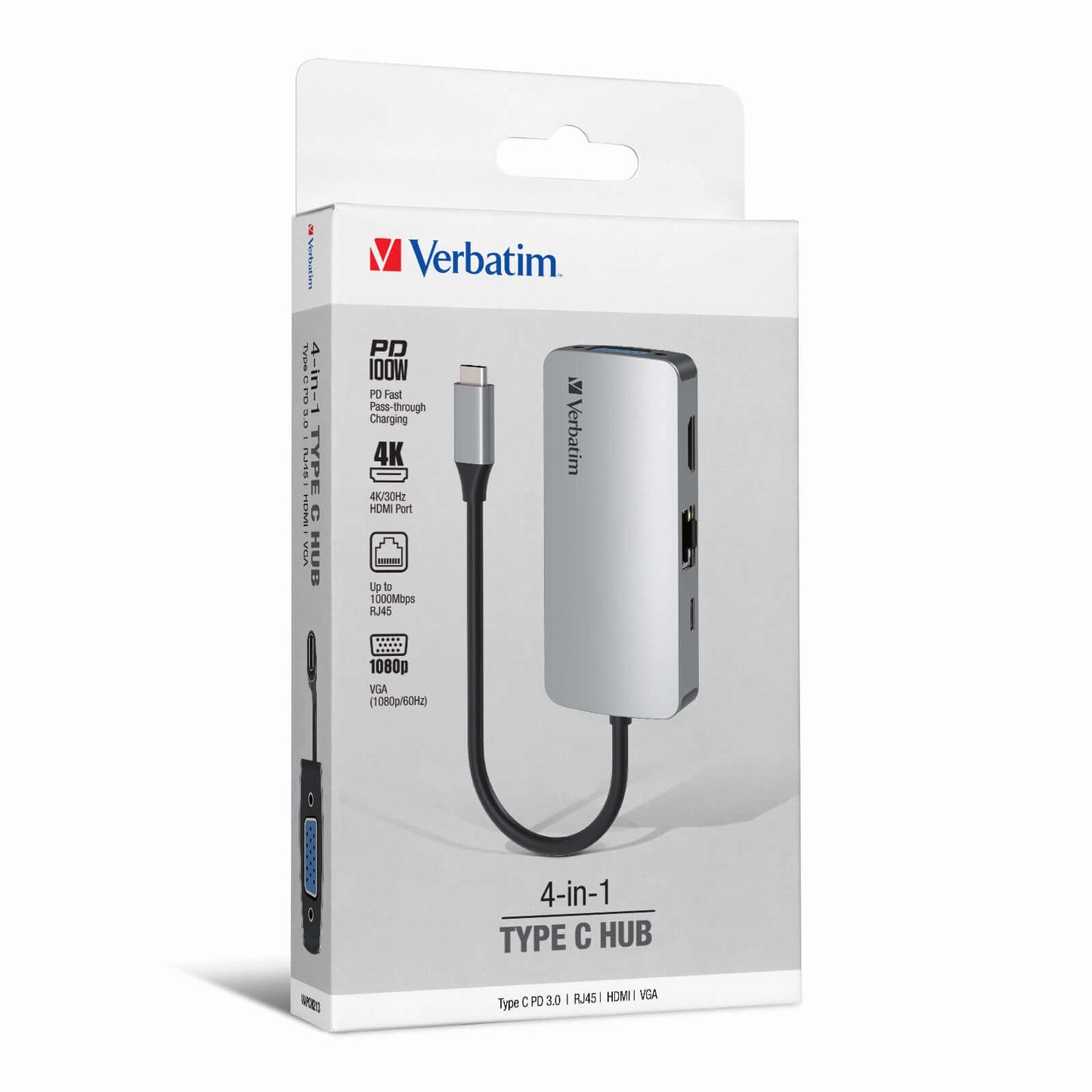 Verbatim 4-in-1 Type C Hub 66955 packaging showing ports for PD charging, HDMI, VGA, and RJ45.