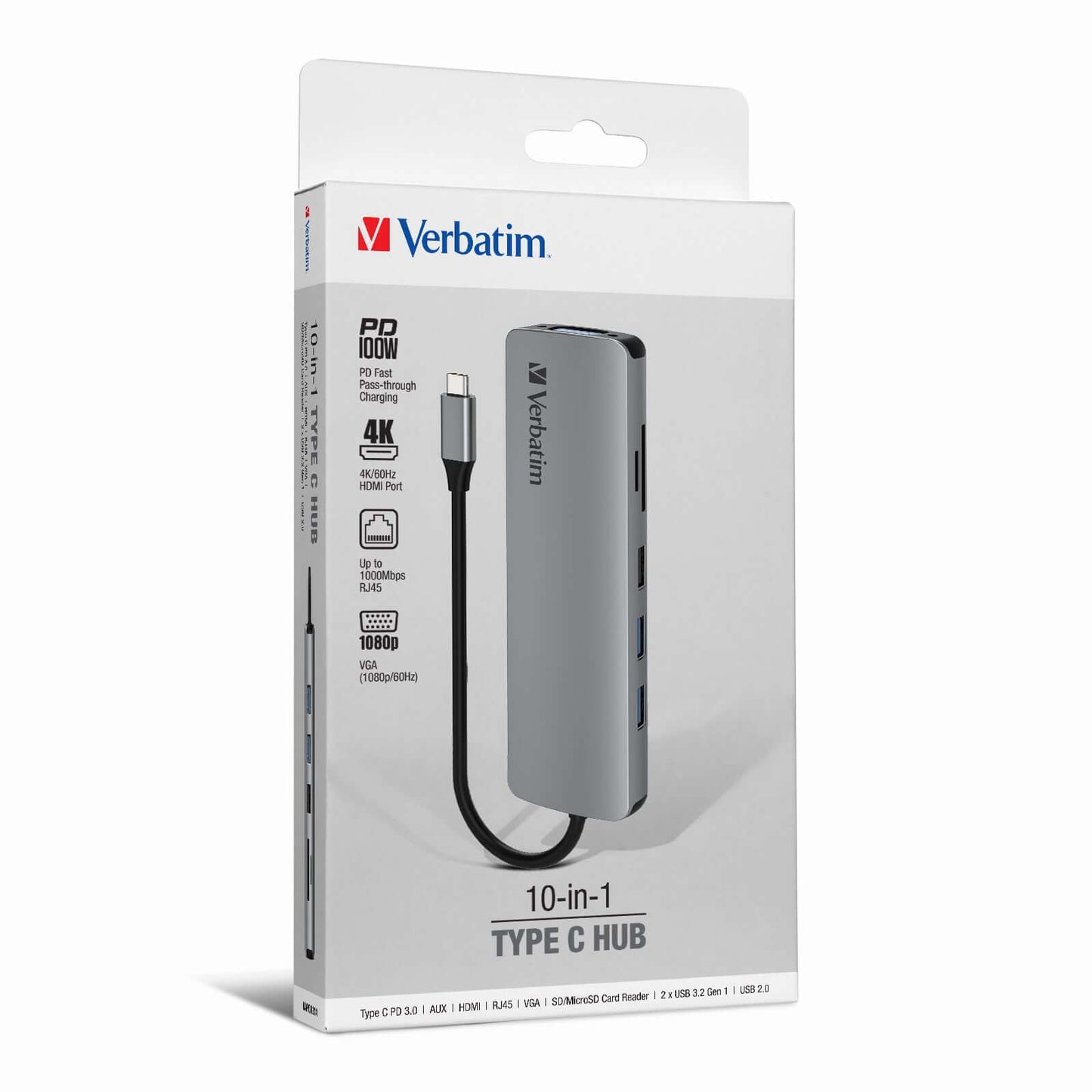 Verbatim 66956 10-in-1 Type C Hub in packaging showing various ports and features including PD charging and 4K HDMI.