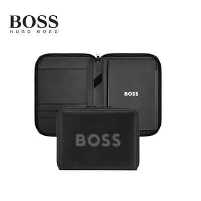 Hugo Boss Conference Folder A5 Boss Cut Out showing BOSS logo on sleek black PU exterior and grey mesh interior.
