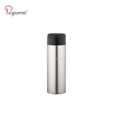 La Gourmet Classic 0.4L Sport Thermal Tumbler in stainless steel with black lid, ideal for beverages.