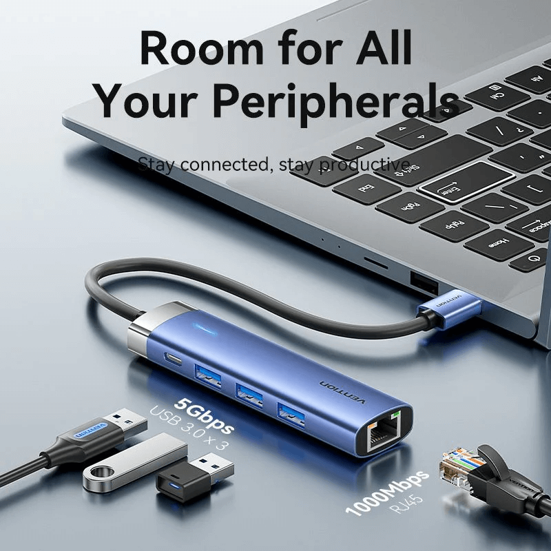 Vention 5-in-1 USB 3.0 Docking Station connected to a laptop with multiple peripherals.