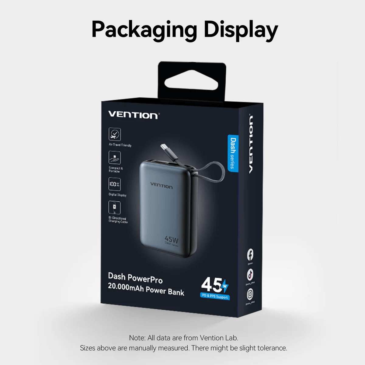 Vention 20000mAh Power Bank 45W packaging display showcasing its features and compact design.
