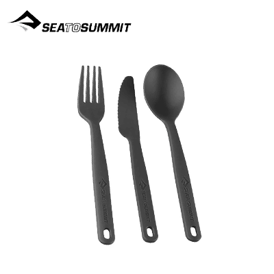 Sea To Summit Camp Cutlery 3 Piece Set including knife, fork, and spoon for outdoor adventures.