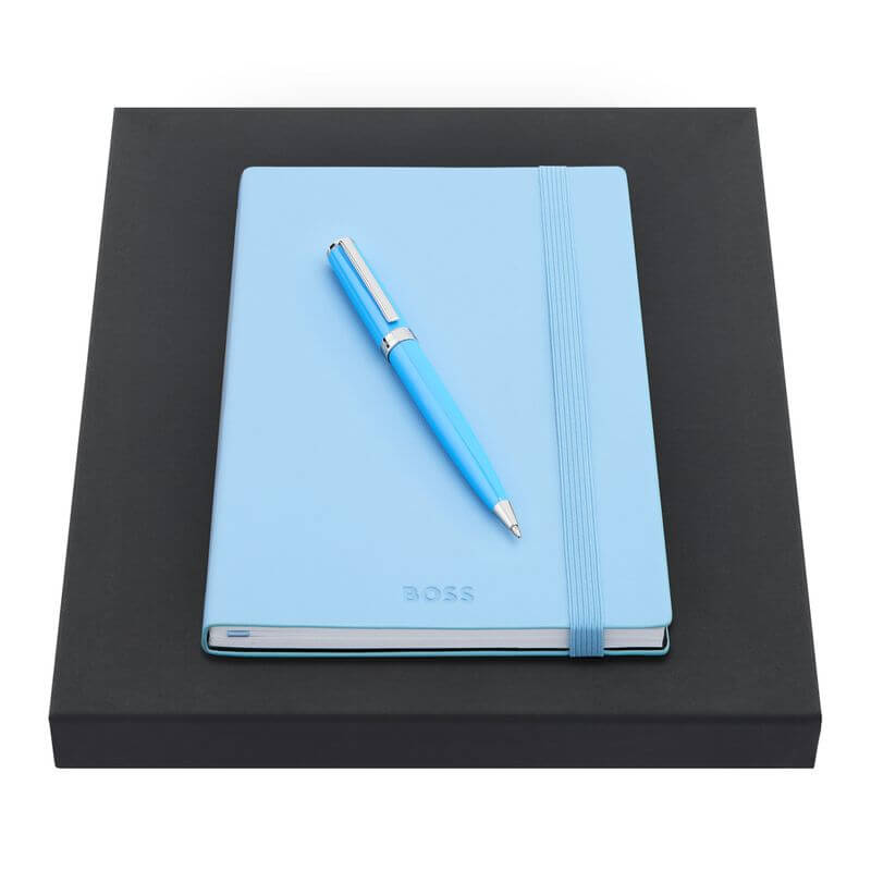 Hugo Boss Notebook and Pen Set displayed on a sleek black box, perfect for corporate gift giving.