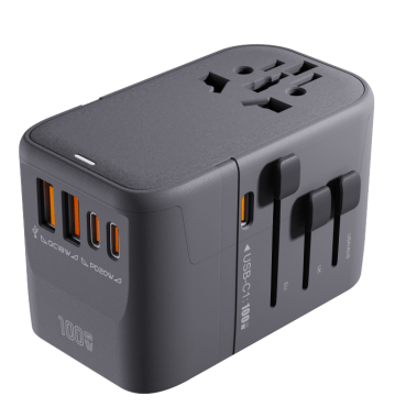 100W GaN Travel Adaptor showing multiple ports for fast charging, ideal for modern travellers and corporate gift.