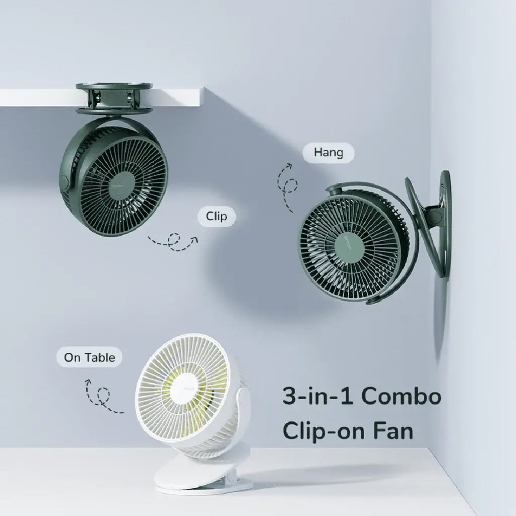JisuLife Clip Fan Life1 in 3-in-1 combo positions: table, wall mount, and clip for versatile cooling.
